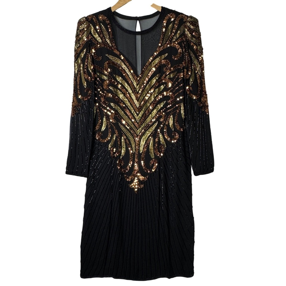 A.J. Bari‎ Womens Size 12 Black Gold Silk Beaded Sequin Vintage Cocktail Dress